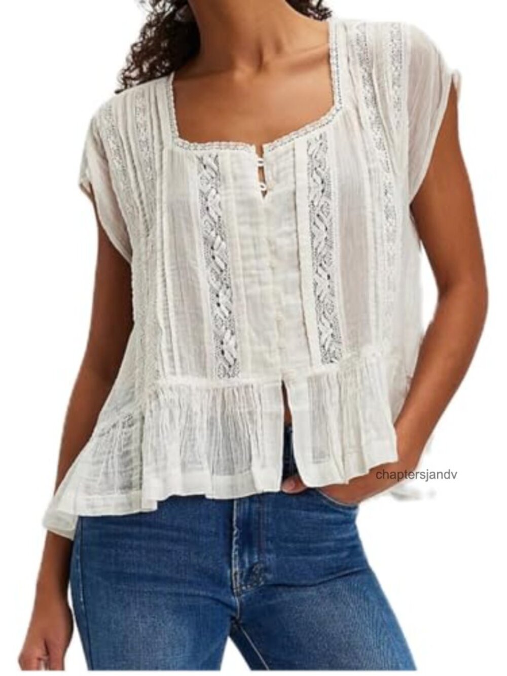 Women's Boho Tie Front Ruffle Blouse Sheer Lace Babydoll Top